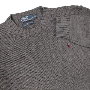 POLO RALPH LAUREN Mens XL Grey Pullover Crewneck Knit Sweater Burgundy Pony Logo
